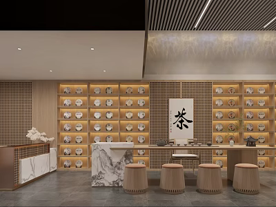 Traditional Tea Shop Interior With Wooden Shelves Tea Sets Stone Counter And Stools 3d model