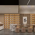 Traditional Tea Shop Interior With Wooden Shelves Tea Sets Stone Counter And Stools