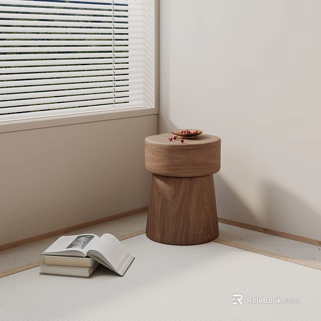 Natural Wood Side Table With Open Book And Decorative Items By Window 3d model