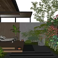 Serene Courtyard Garden Design Featuring Wooden Patio Lounge Chair Lush Greenery Gravel Path And Lighting