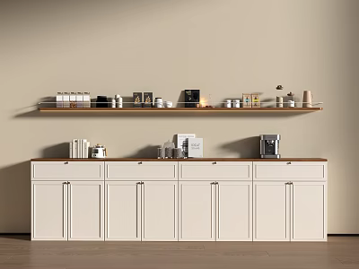 Modern Sideboard With White Cabinets Wooden Top Shelf Holding Coffee Maker Books Decorative Items 3d model