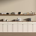 Modern Sideboard With White Cabinets Wooden Top Shelf Holding Coffee Maker Books Decorative Items