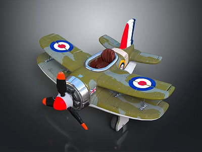 Classic Green Camouflage Biplane Model With Roundels Striped Tail And Orange Propeller 3d model
