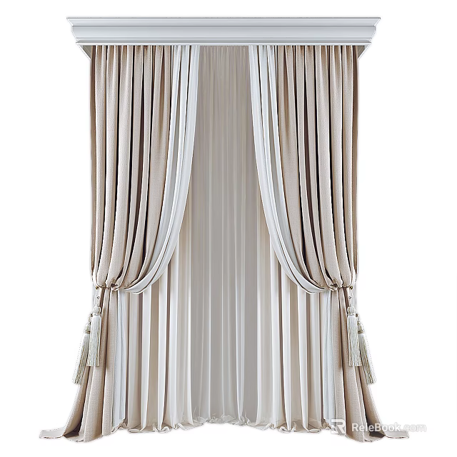 Elegant Beige Pleated Curtains With Soft Fabric And Decorative Tassels 3d model 