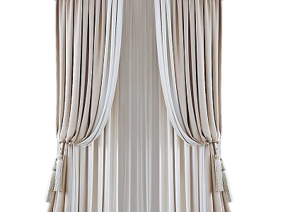 Elegant Beige Pleated Curtains With Soft Fabric And Decorative Tassels 3d model