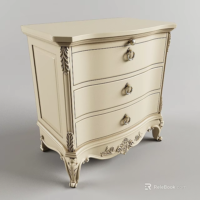 Cream Colored Traditional Nightstand With Three Drawers Ornate Carvings And Decorative Legs 3d model 