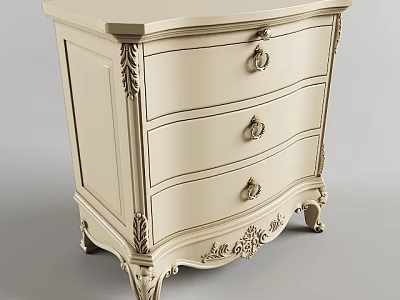 Cream Colored Traditional Nightstand With Three Drawers Ornate Carvings And Decorative Legs 3d model