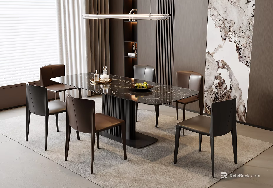Modern Dining Table Set With Marble Top Leather Chairs And Interior Artwork 3d model 