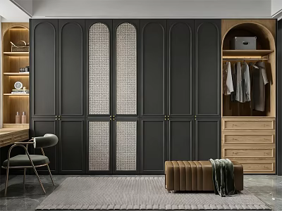 Modern Walk in Closet with Dark Wooden Cabinets Decorative Panel Open Shelving and Hanging Clothes 3d model