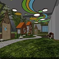 Enchanting Kindergarten Interior With Green Grass Pathway Small Houses Mushroom Decorations And Colorful Ceiling