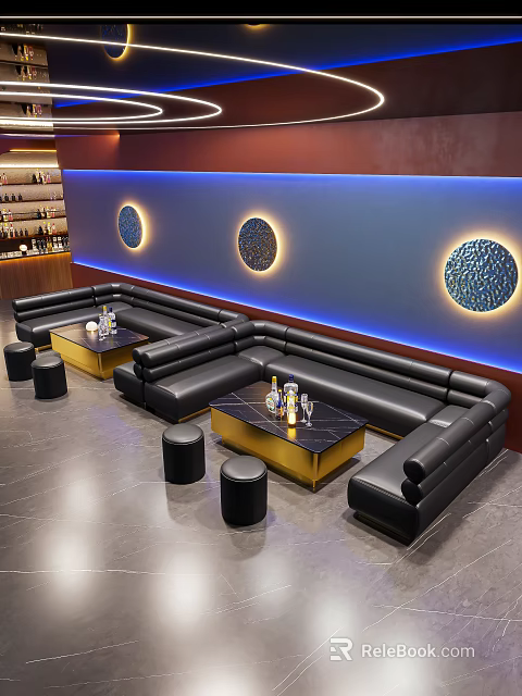 Luxury Black Leather Booth Sofa And Golden Coffee Table Set For Modern KTV Bar Lounge 3d model 
