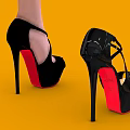 Black High Heels With Red Heels On Yellow Background One Foot Wearing The Other Beside
