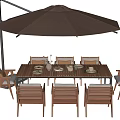 Garden Landscape Outdoor Dining Space With Wooden Table Chairs And Sunshade Umbrella