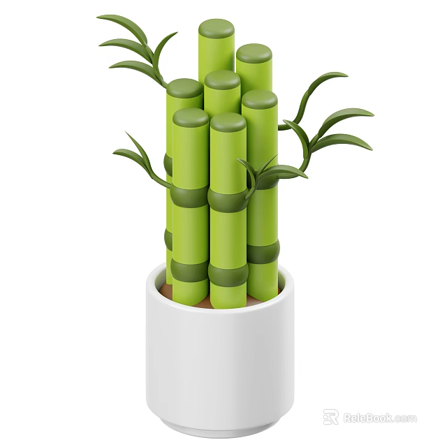 Bamboo Plant With Green Stems And Fresh Leaves In White Pot 3d model 
