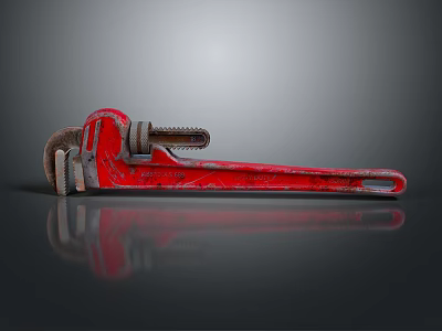 Red Vintage Pipe Wrench Tool On Black Background With Reflection Effect 3d model