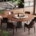 Round Dining Table Set With Six Dark Chairs Marble Tabletop Metal Base Wooden Kitchen Cabinets