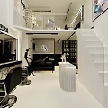 Contemporary Hair Beauty Salon Open White Interior With Mirrors Styling Chairs Staircase And Decorative Paintings