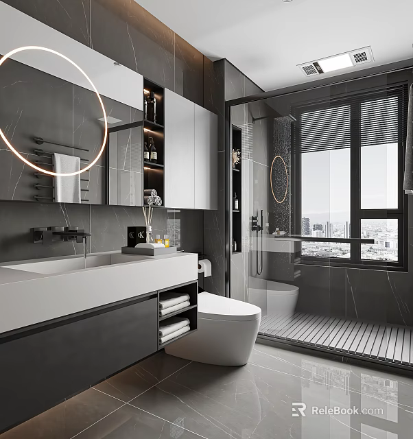 Modern Bathroom Interior Design With Round Mirror Marble Vanity Glass Shower And Storage Cabinets 3d model 