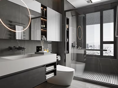 Modern Bathroom Interior Design With Round Mirror Marble Vanity Glass Shower And Storage Cabinets 3d model