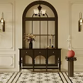 Elegant Console Table Arched Window With Wall Sconces Floral Statue On Black White Tile Floor 3d model