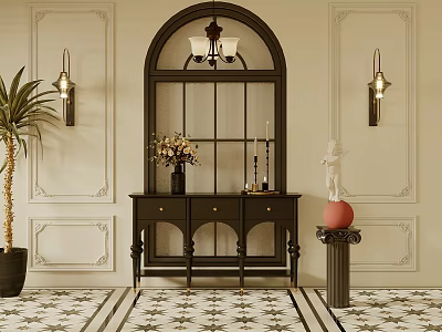 Elegant Console Table Arched Window With Wall Sconces Floral Statue On Black White Tile Floor 3d model