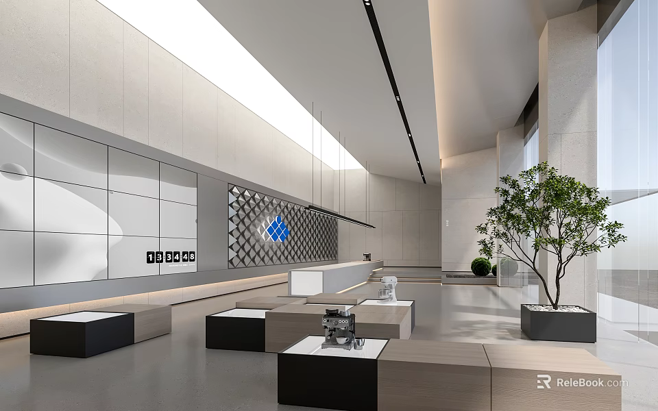 Modern Reception Area Design With Paneled Walls And Indoor Plant 3d model 