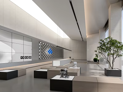 Modern Reception Area Design With Paneled Walls And Indoor Plant 3d model