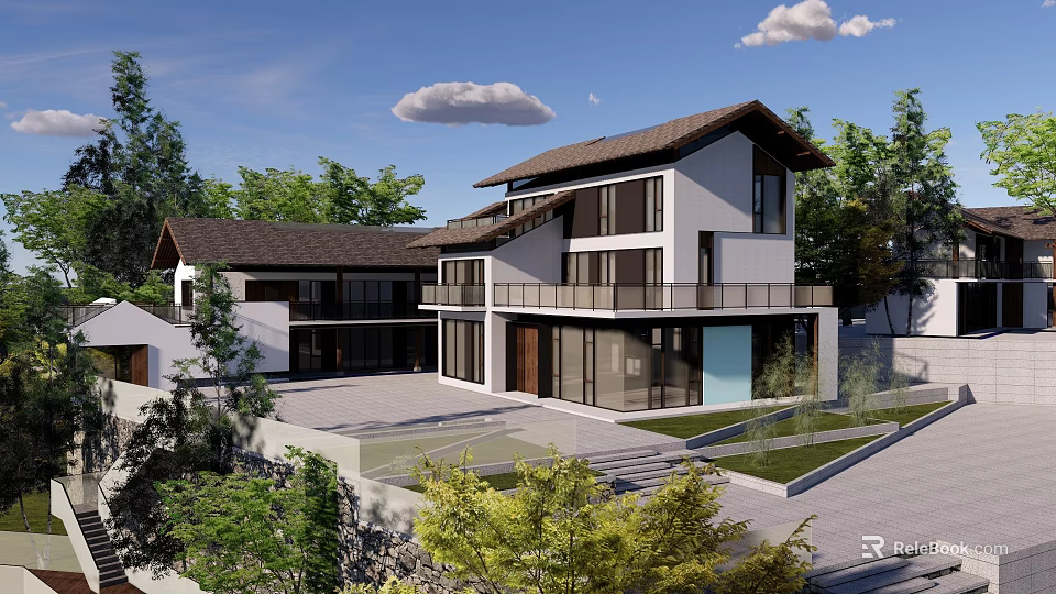 Modern Residential Garden Landscape With Lush Trees Courtyard And Stone Pathways 3d model 