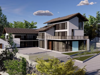 Modern Residential Garden Landscape With Lush Trees Courtyard And Stone Pathways 3d model