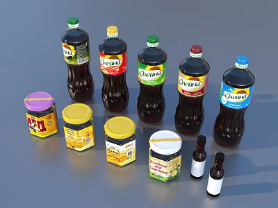 Various Bottled And Jarred Household Products With Colorful Labels And Different Sizes On Dark Surface 3d model