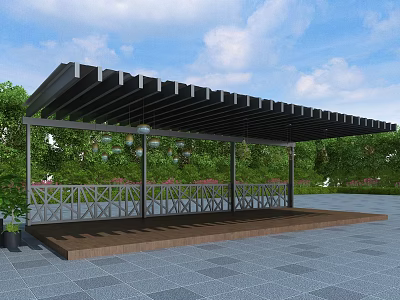 Modern Pergola Design with Black Metal Frame Wooden Platform and Hanging Lanterns 3d model