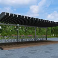Modern Pergola Design with Black Metal Frame Wooden Platform and Hanging Lanterns