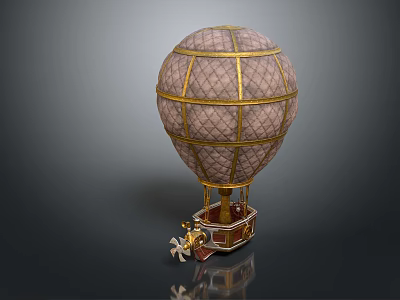 Vintage Hot Air Balloon Amusement Ride With Golden Grid Frame Checkered Envelope And Decorative Basket 3d model