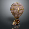 Vintage Hot Air Balloon Amusement Ride With Golden Grid Frame Checkered Envelope And Decorative Basket