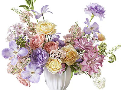 White Ceramic Vase Featuring Colorful Flowers Pink Roses Purple Carnations And Yellow Lilies 3d model