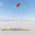 Three Flags Red And Light Blue On Flagpoles Over Grass Base With Blue Sky