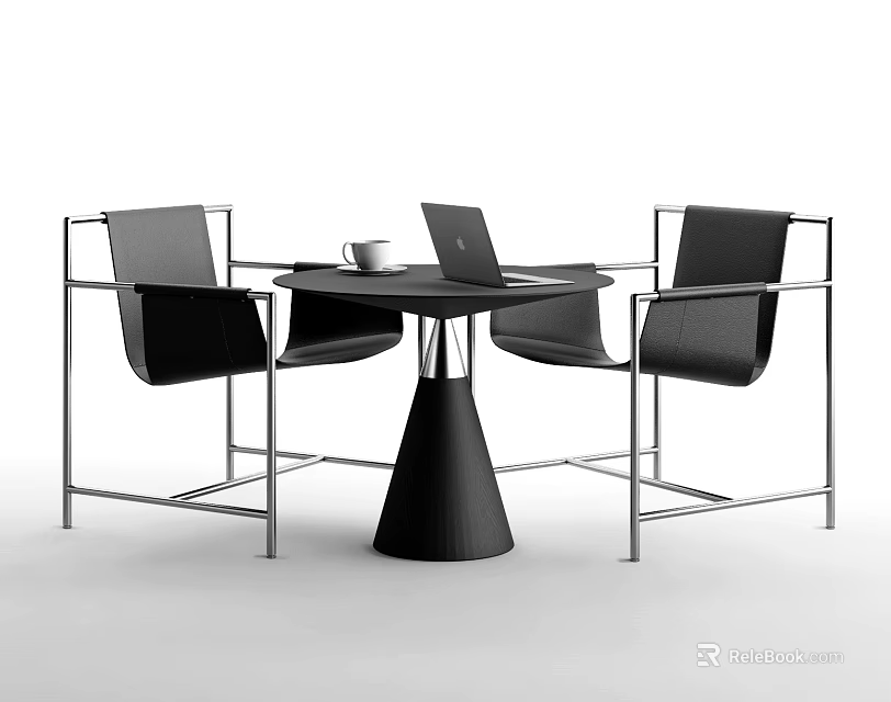 Modern Table And Chair Set With Black Leather Chairs Metal Frame And Round Table Design 3d model 