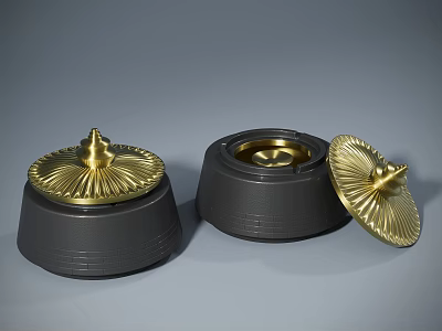 Elegant Three Piece Decorative Ornament Set With Black Base And Golden Open Lid 3d model