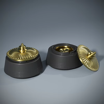 Elegant Three Piece Decorative Ornament Set With Black Base And Golden Open Lid 3d model