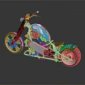 Custom Blue Chopper Motorcycle With Flame Graphics And Chrome Wheel Accents