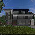 Modern Detached Villa Exterior With Glass Curtain Walls Landscaped Garden Green Lawn And Blue Sky