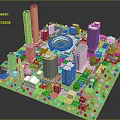 Colorful Cartoon City Scene With Tall Buildings Stadium Green Areas And Trees