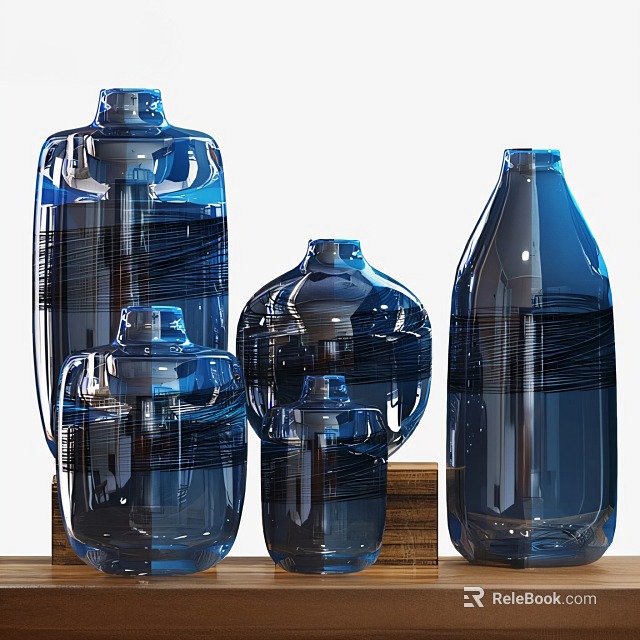 Blue Ceramic Vessels with Various Sizes Shapes and Black Line Patterns on Wooden Base 3d model 