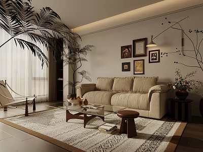 Elegant Modern Living Room Interior With Beige Sofa Geometric Rug Coffee Table And Decorative Paintings 3d model