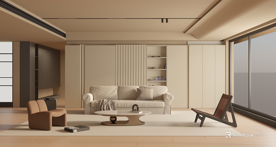 Minimalist Living Room Interior With Beige Sofa Wooden Coffee Table Brown Armchair And Bookshelf 3d model 