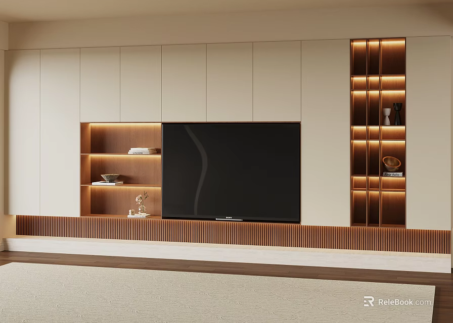 Modern TV Wall Design With White Cabinets Wooden Shelves And LED Lights 3d model 