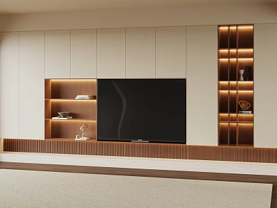 Modern TV Wall Design With White Cabinets Wooden Shelves And LED Lights 3d model