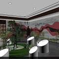 Traditional Exhibition Hall Interior With Landscape Wall Green Plants Display Counters And Bookshelves