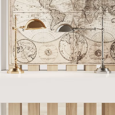Vintage Style Gold And Silver Table Lamps Against World Map Background With Charts 3d model