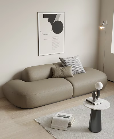 Beige Two Seater Sofa with Plaid and Solid Pillows Near Floor Lamp and Wall Art 3d model